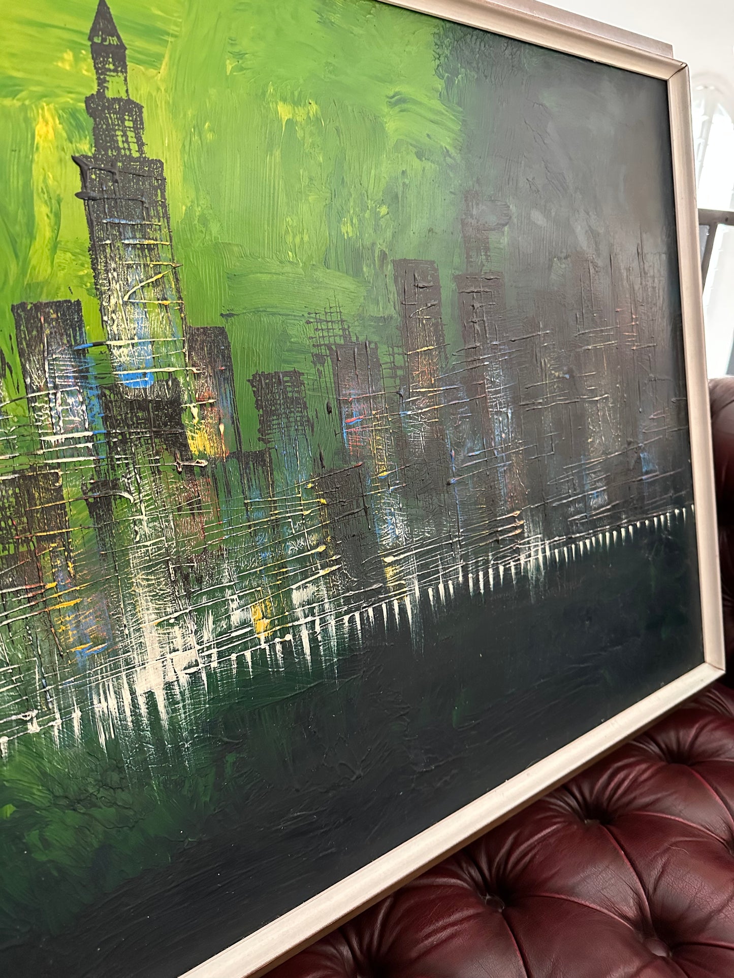 Mid 20th Century Abstract City Skyline Oil Painting, Framed