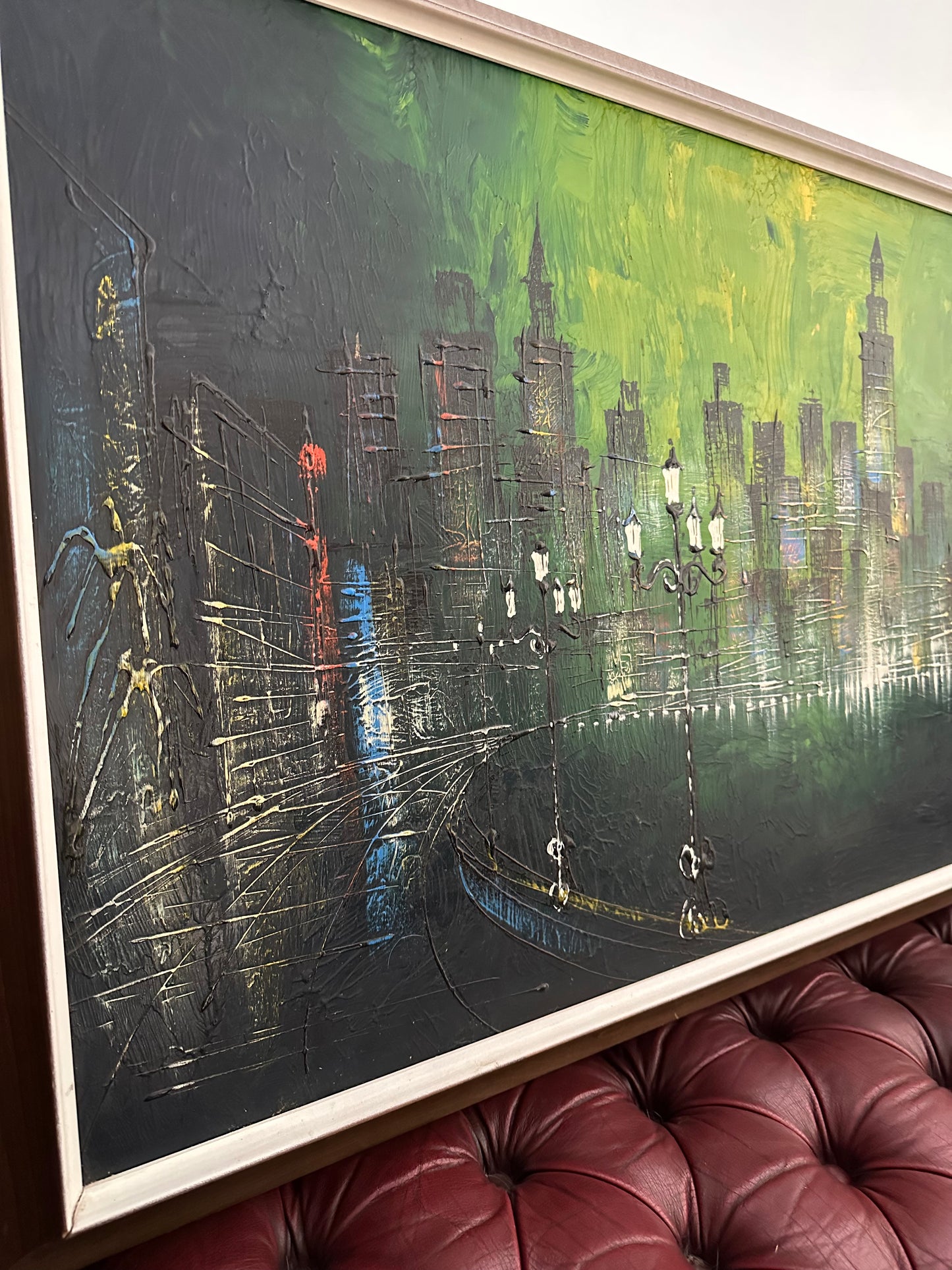 Mid 20th Century Abstract City Skyline Oil Painting, Framed