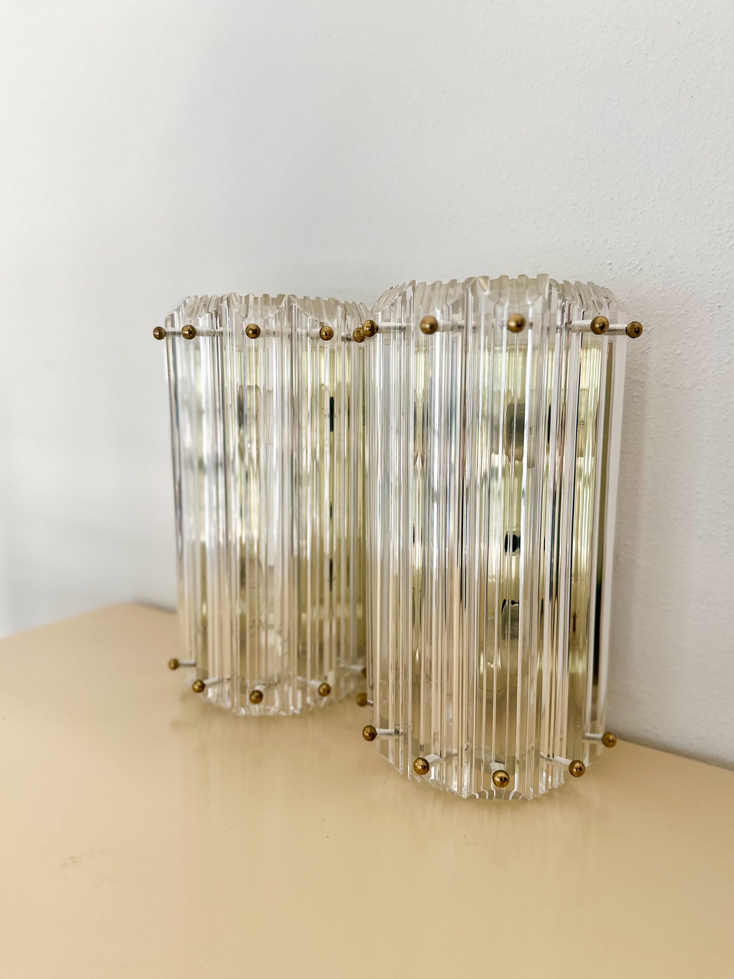 1980s Lucite Prism Wall Mounted Sconces with Brass Details - a pair