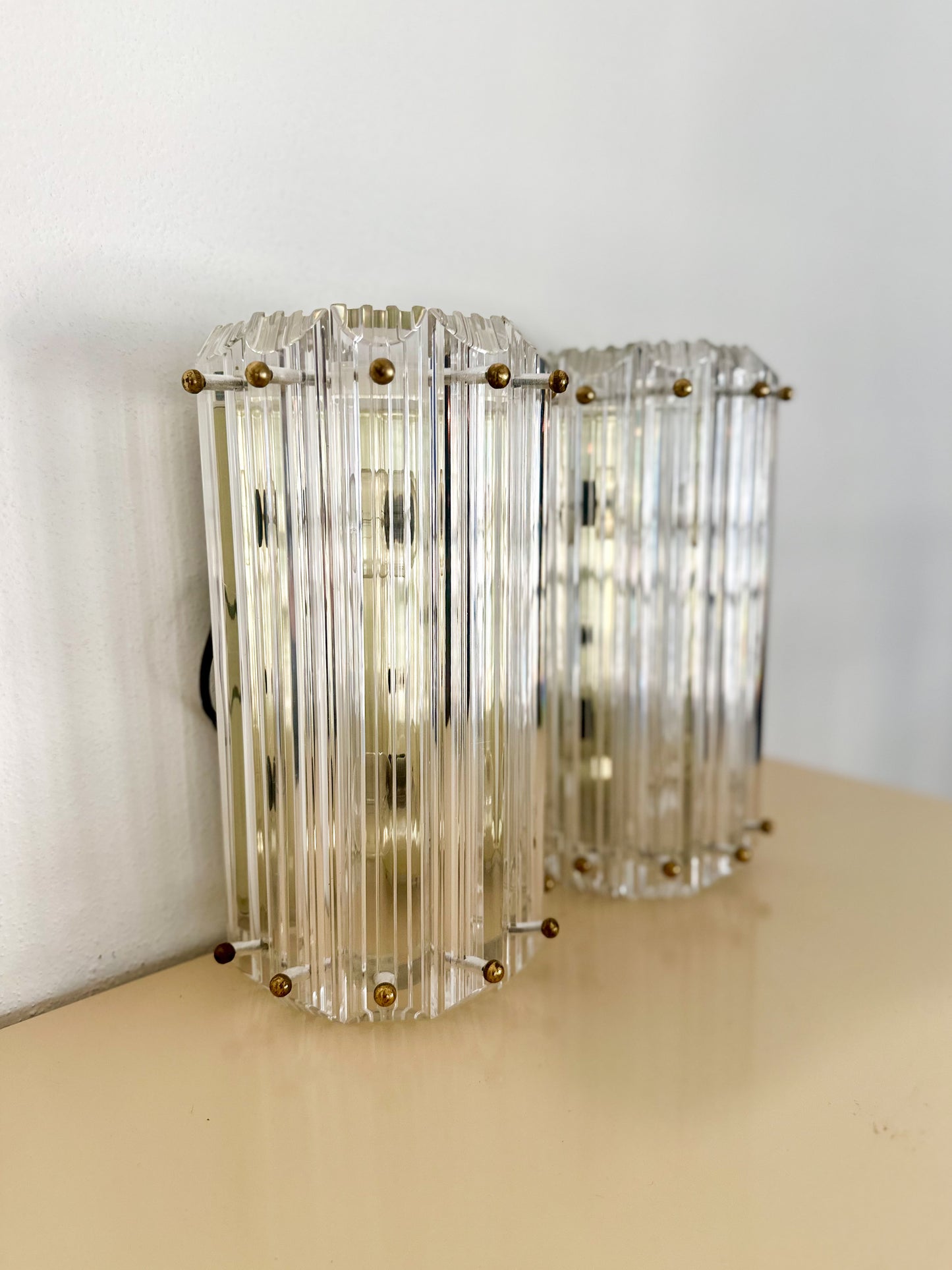 1980s Lucite Prism Wall Mounted Sconces with Brass Details - a pair