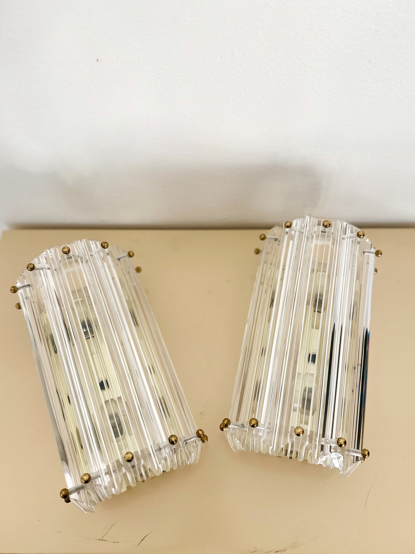 1980s Lucite Prism Wall Mounted Sconces with Brass Details - a pair