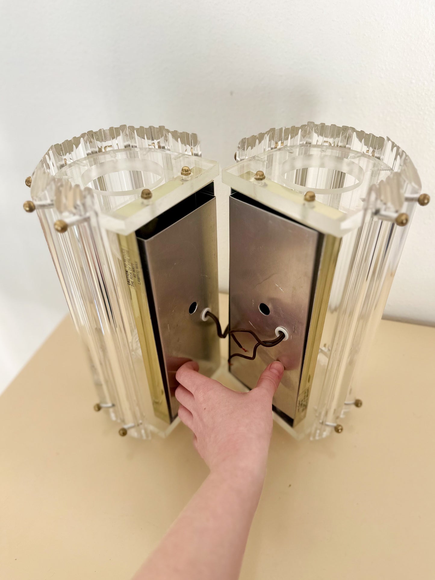 1980s Lucite Prism Wall Mounted Sconces with Brass Details - a pair