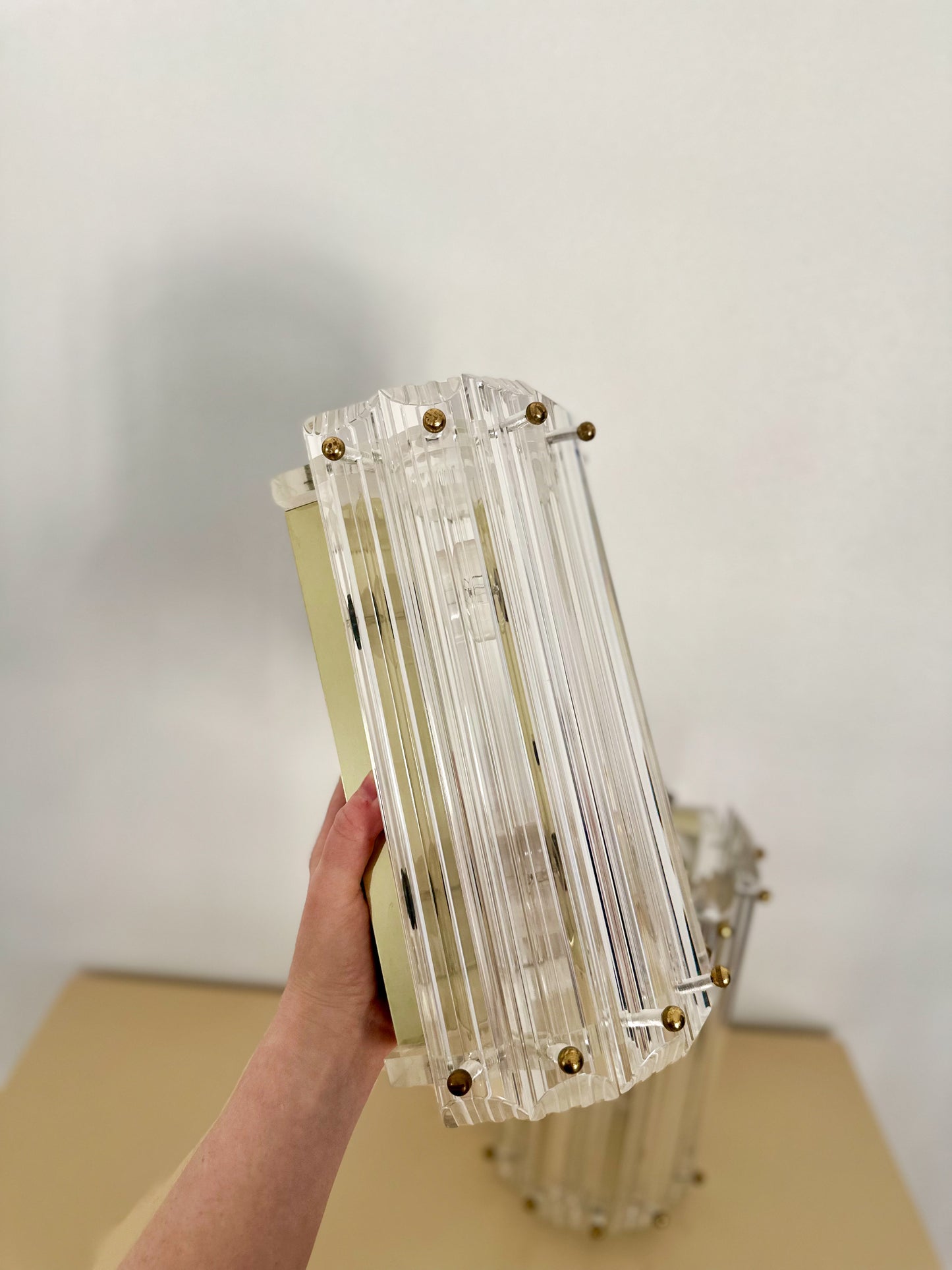 1980s Lucite Prism Wall Mounted Sconces with Brass Details - a pair