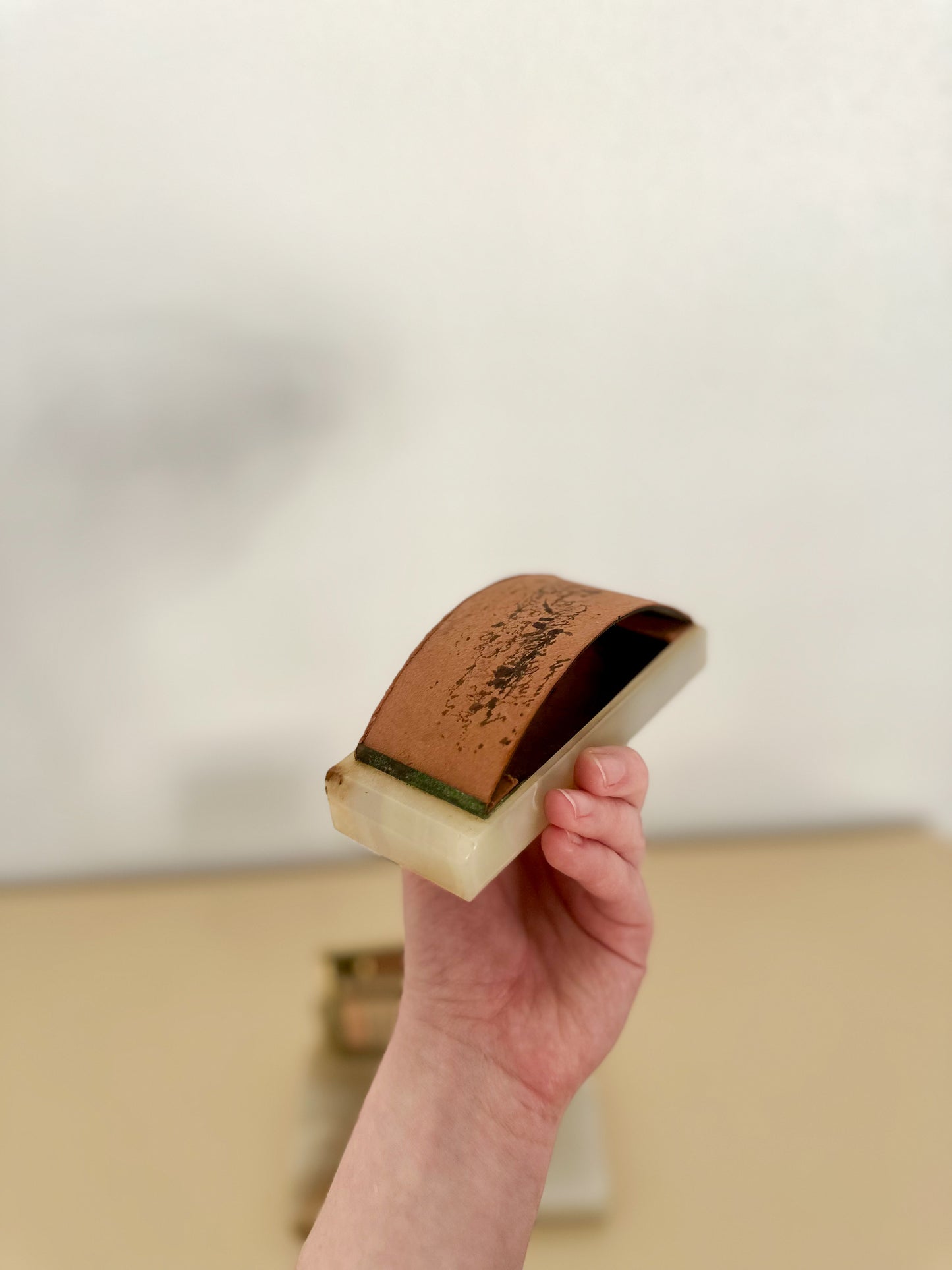 1930s Diamond Point Onyx and Brass Calendar with Pen Holder