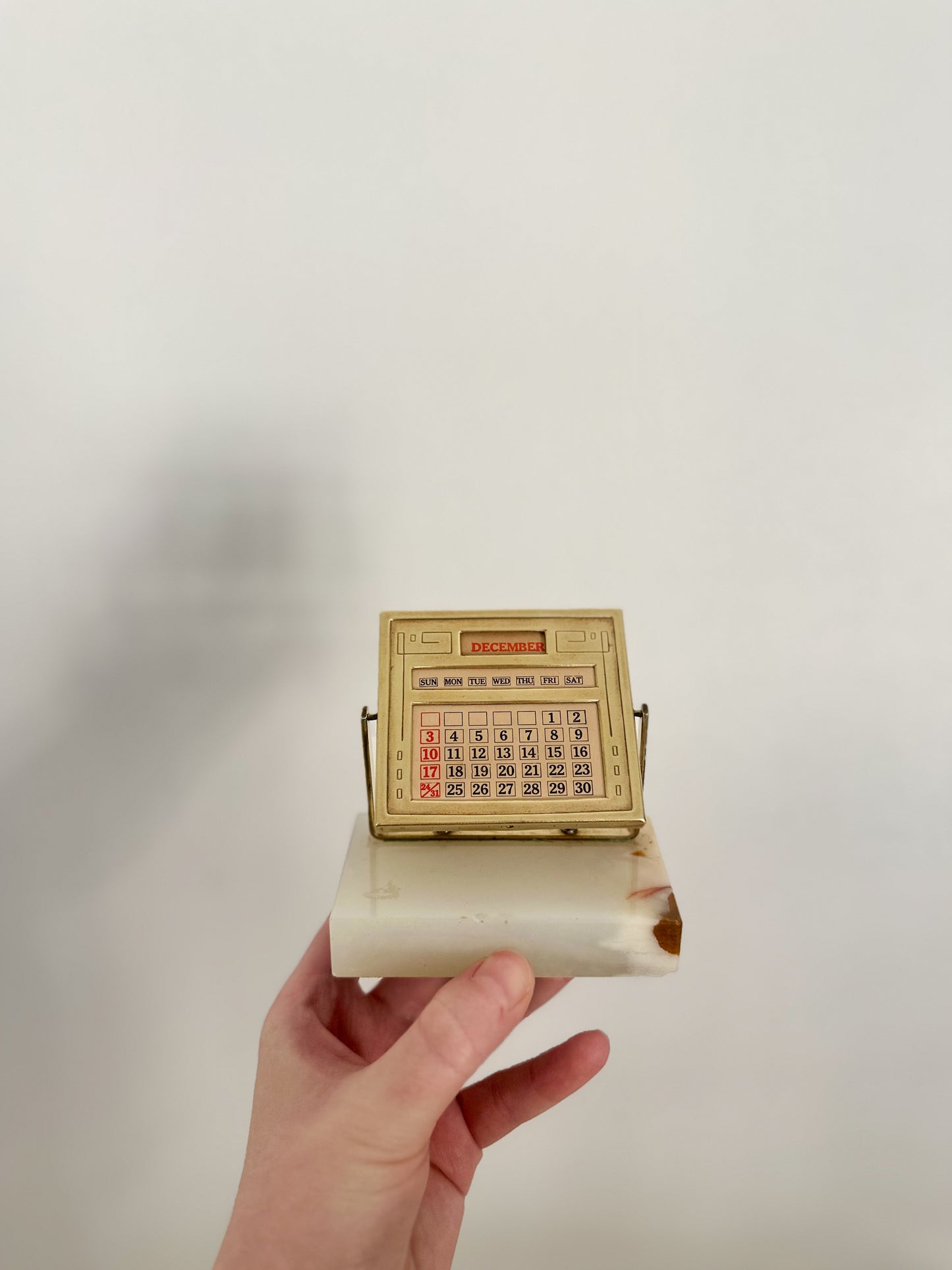 1930s Diamond Point Onyx and Brass Calendar Paperweight