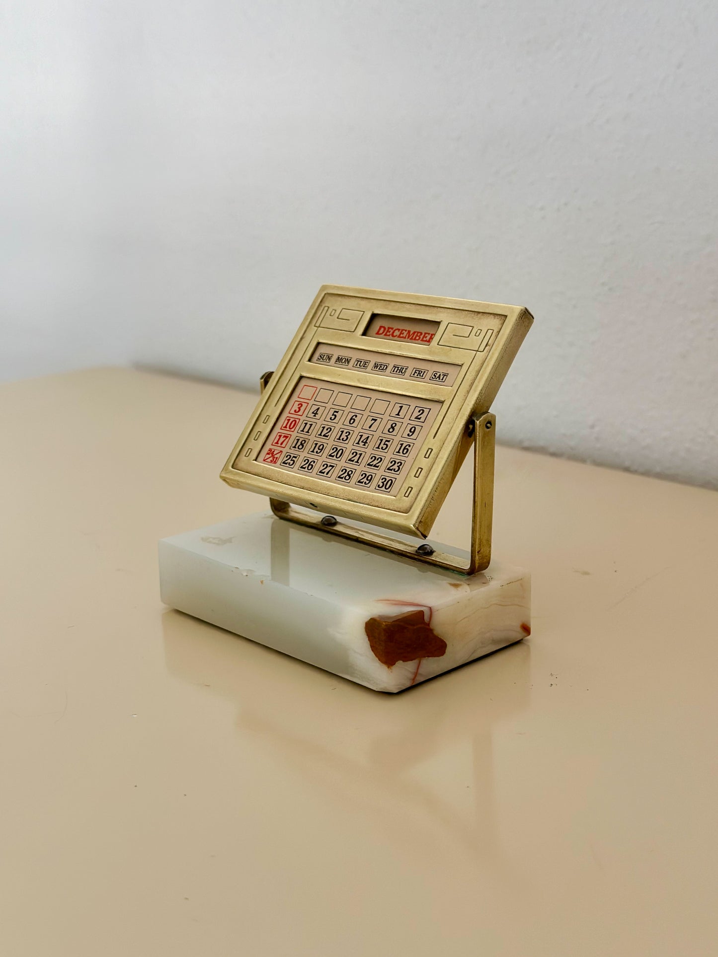 1930s Diamond Point Onyx and Brass Calendar Paperweight