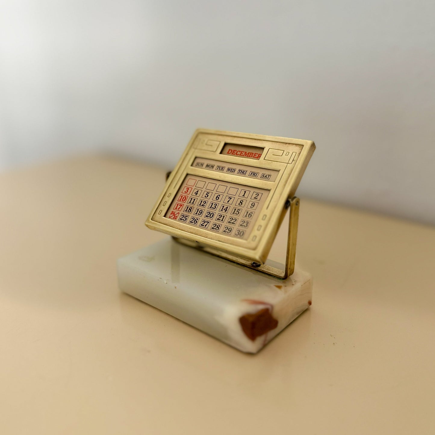 1930s Diamond Point Onyx and Brass Calendar Paperweight