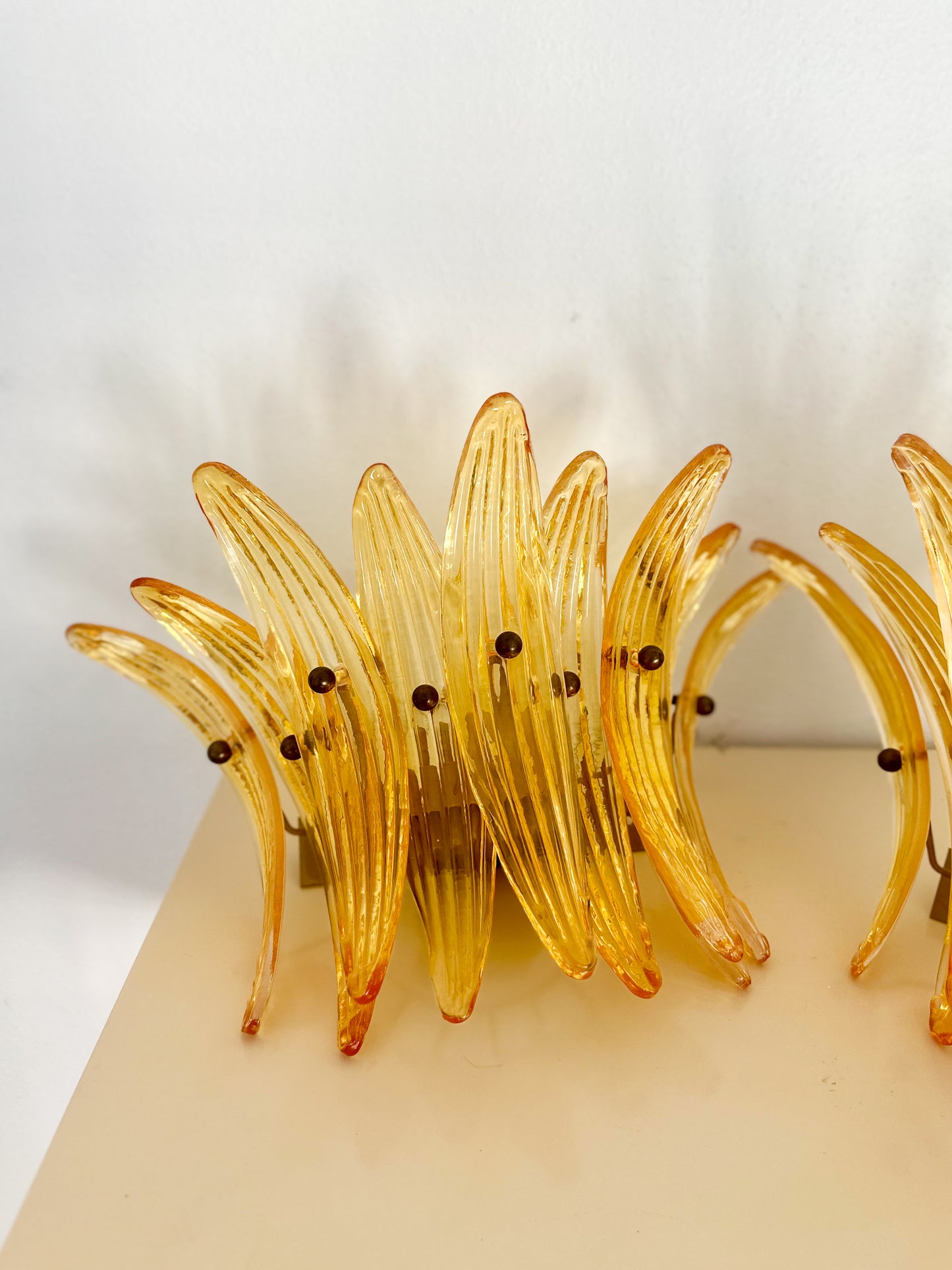 1990s Italian Murano Glass 'Palmette' Amber Wall Sconces - a pair