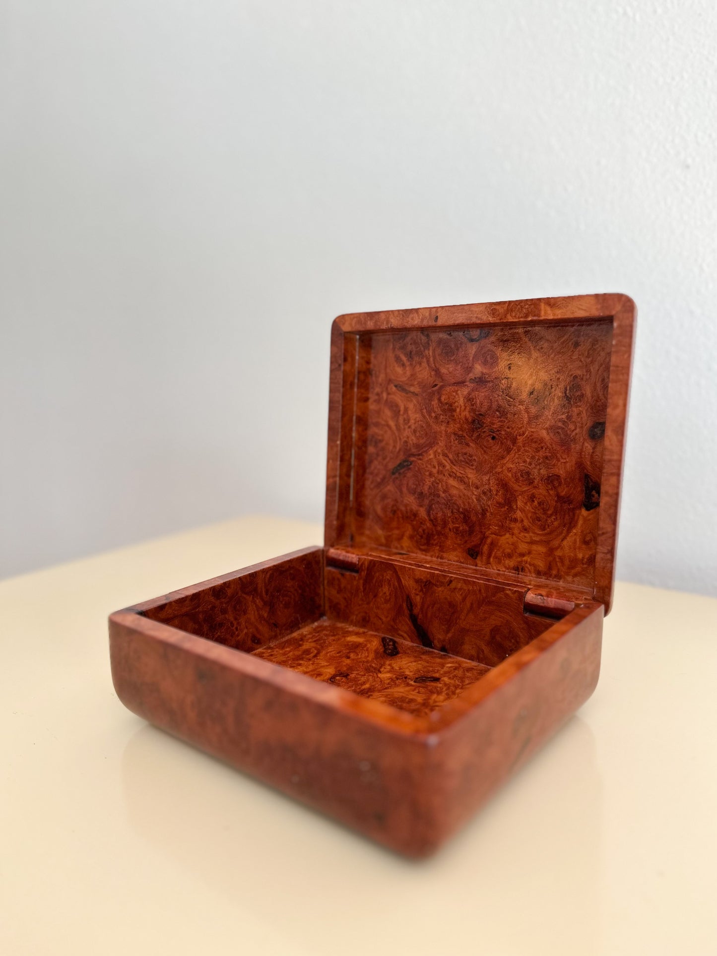 1980s Medium Lacquered Burlwood Jewelry Box