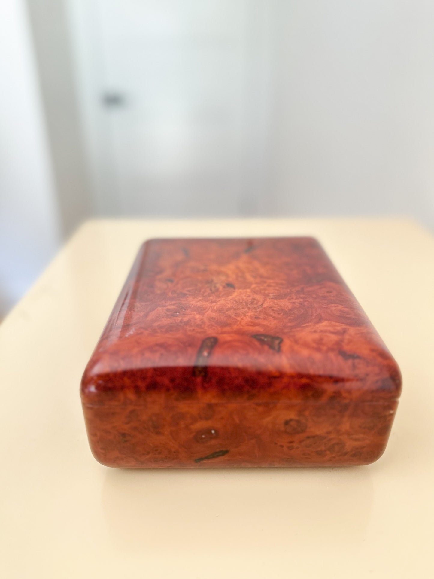 1980s Medium Lacquered Burlwood Jewelry Box