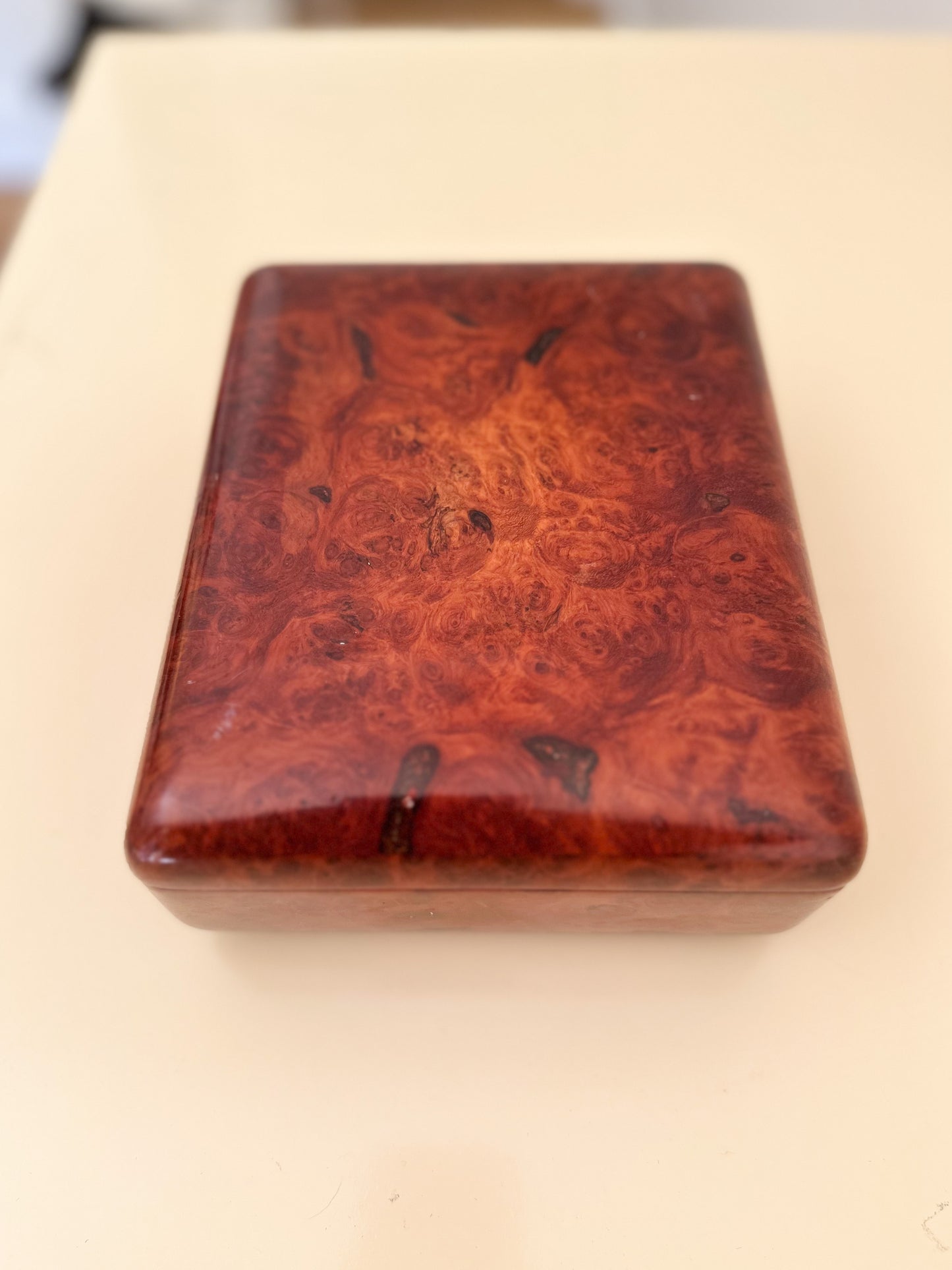 1980s Medium Lacquered Burlwood Jewelry Box