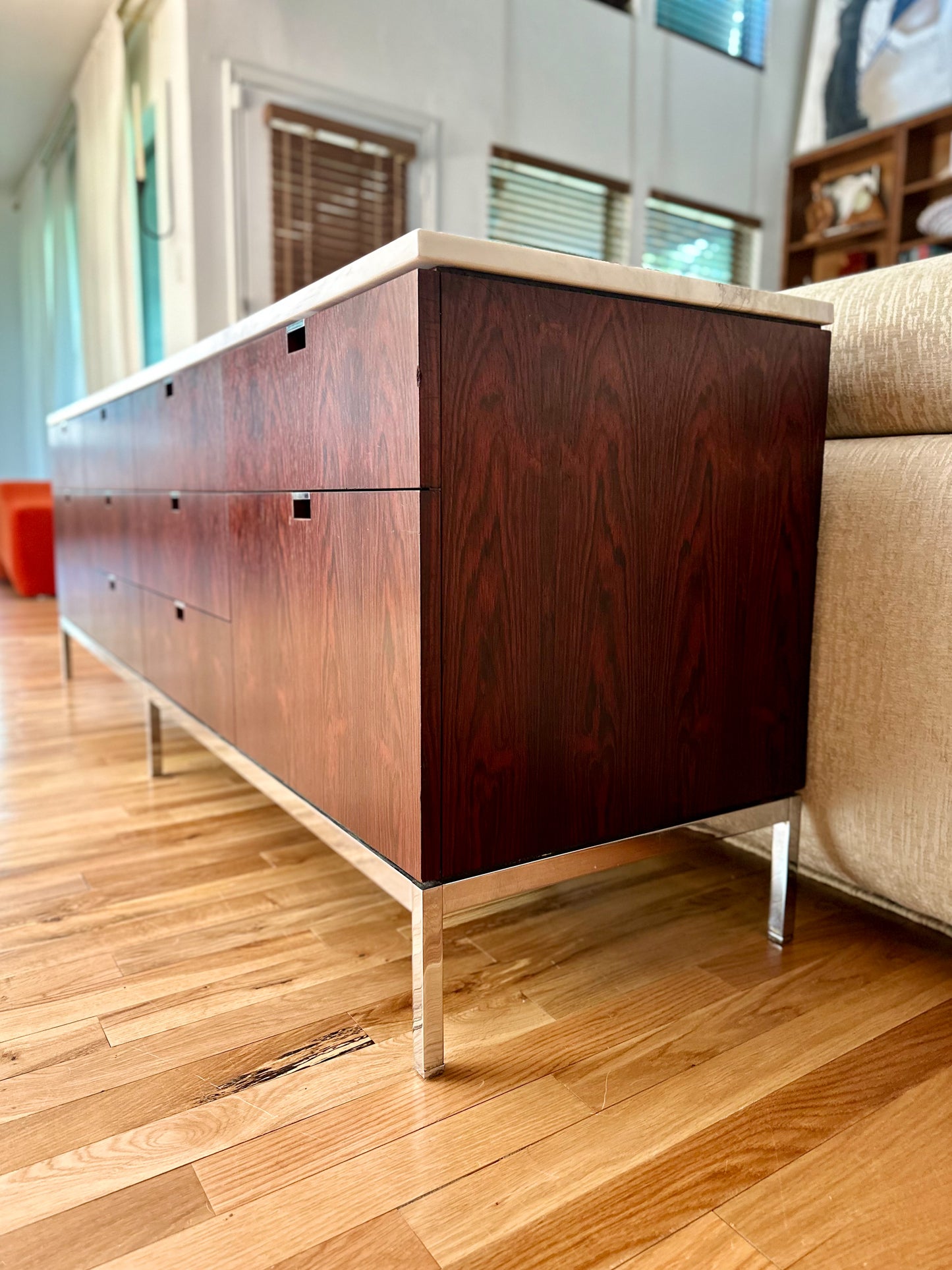 1960s Florence Knoll Rosewood and Marble 4 Position Credenza