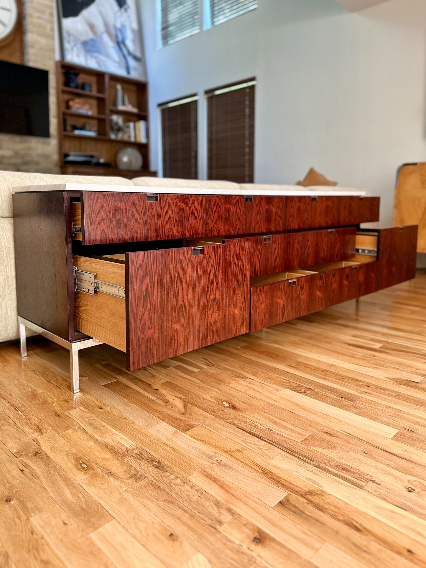 1960s Florence Knoll Rosewood and Marble 4 Position Credenza