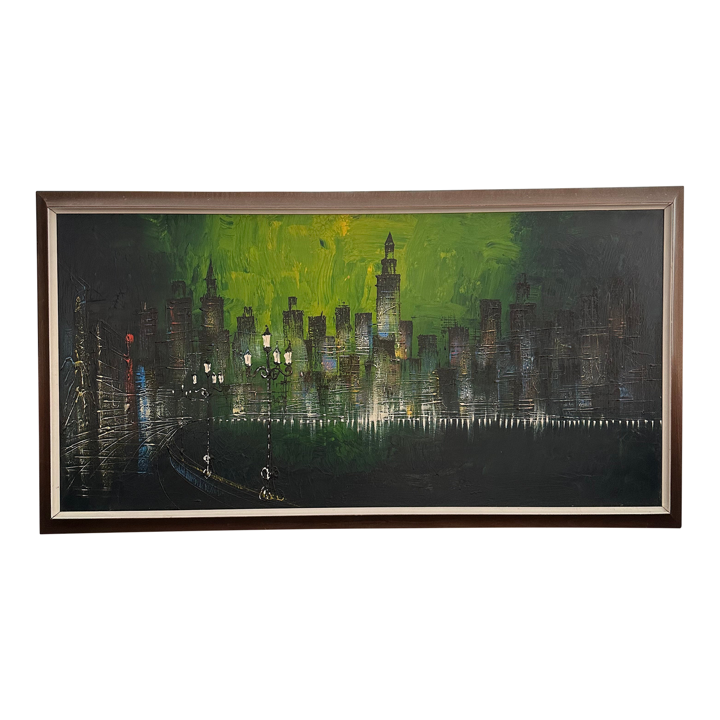 Mid 20th Century Abstract City Skyline Oil Painting, Framed