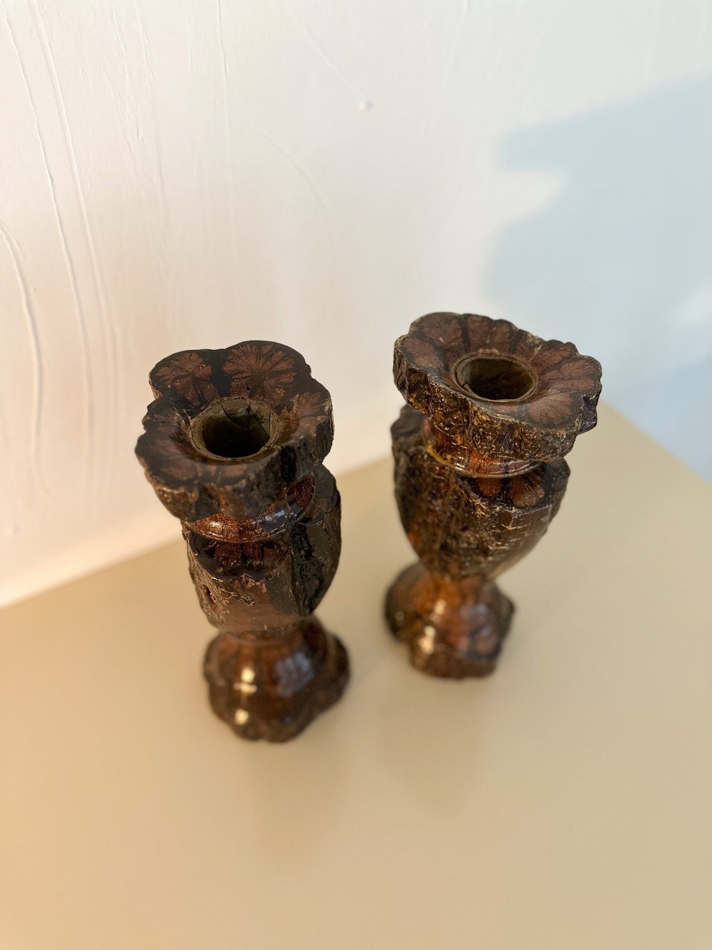 Vintage Chrysanthemum Live Edge Wood Candle Holders - a Pair