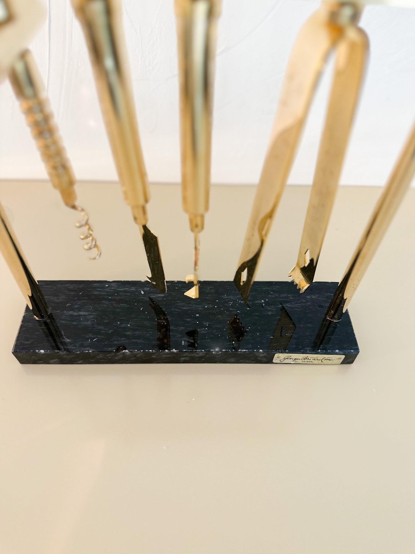 1960s MCM Georges Briard Gold Plated Ram Head Bar Tool Set