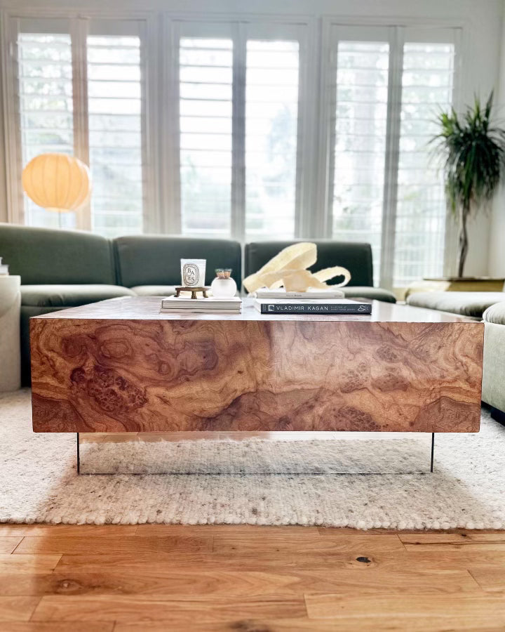 1970's Burlwood Laminate Coffee Table with Mirror Plinth Base