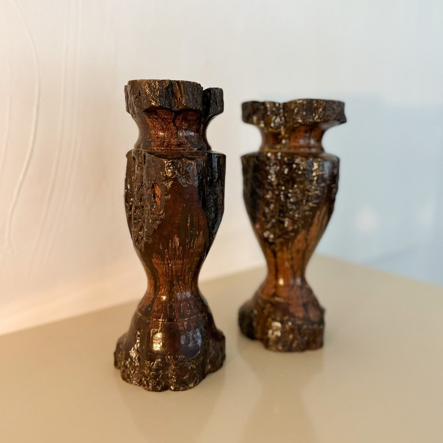 Vintage Chrysanthemum Live Edge Wood Candle Holders - a Pair