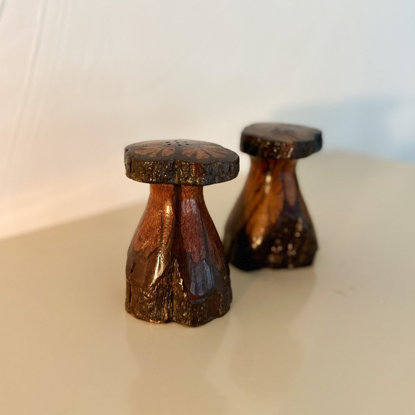Vintage Chrysanthemum Wood Salt and Pepper Shaker Set