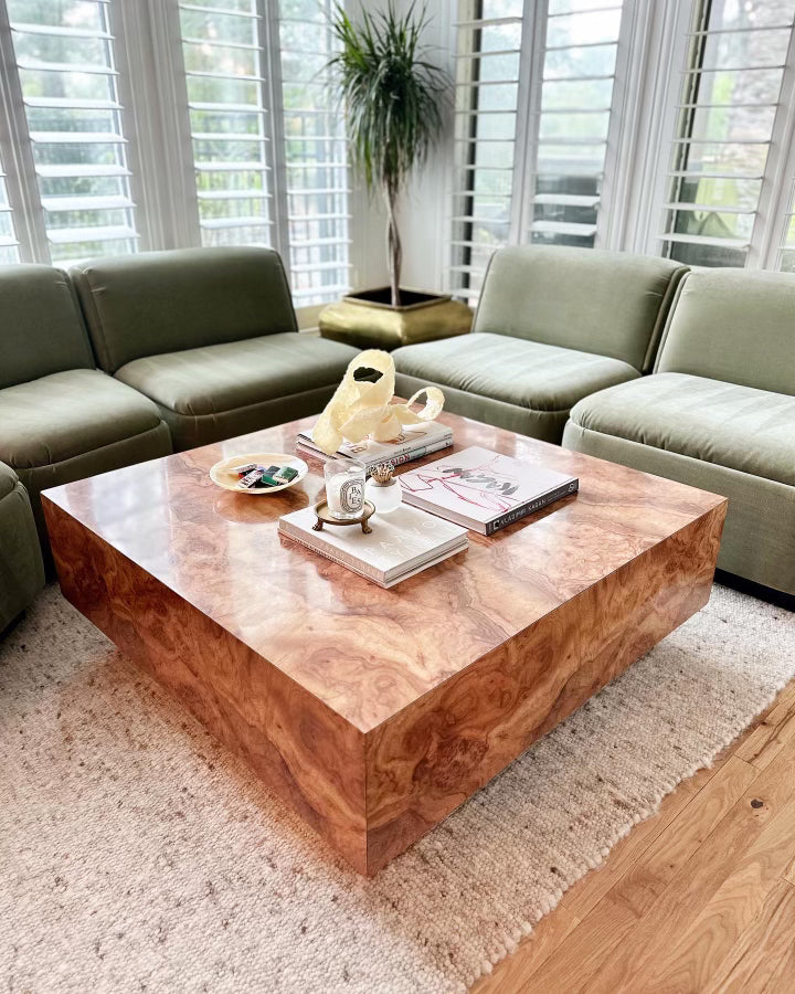 1970's Burlwood Laminate Coffee Table with Mirror Plinth Base