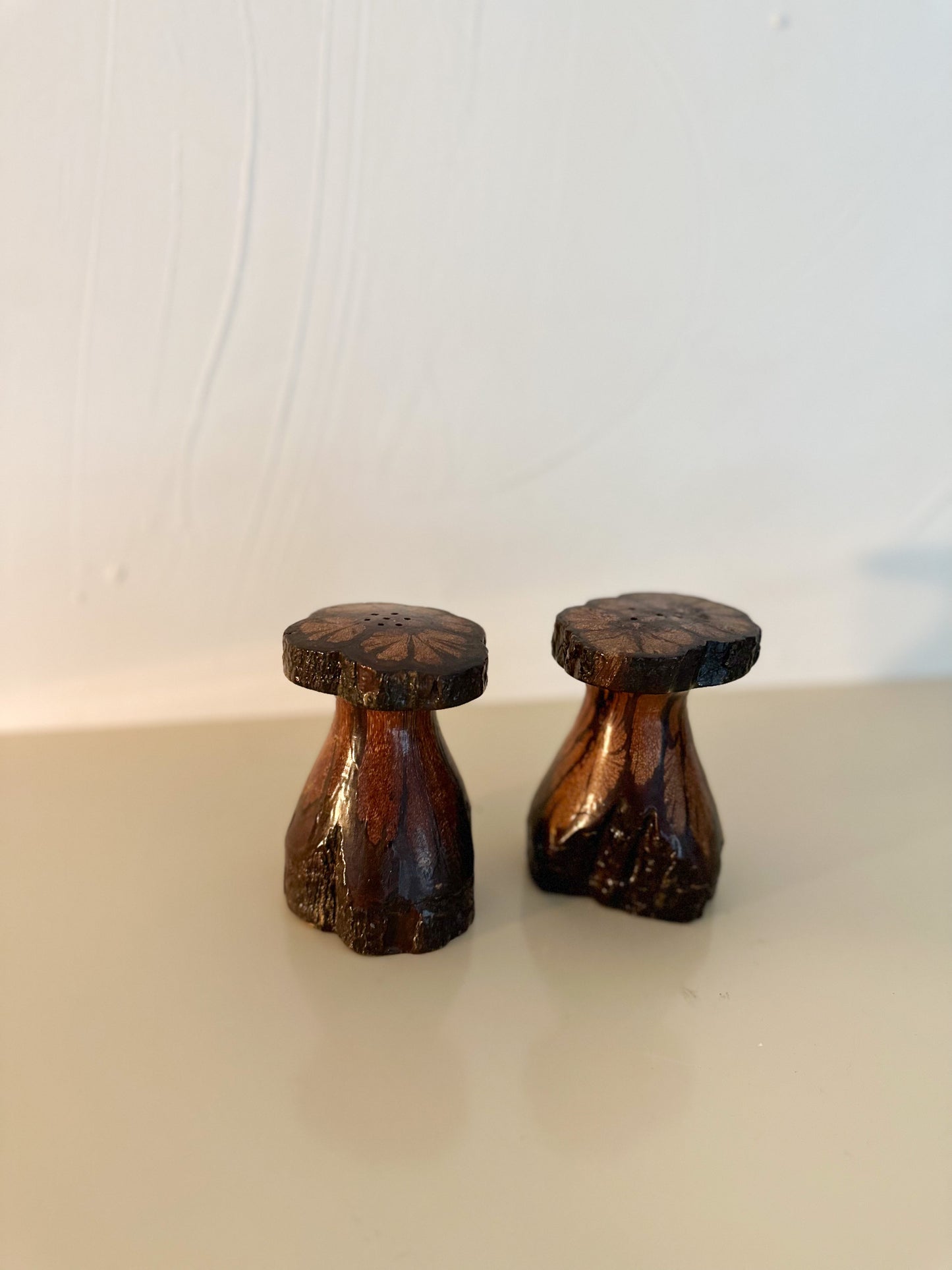 Vintage Chrysanthemum Wood Salt and Pepper Shaker Set
