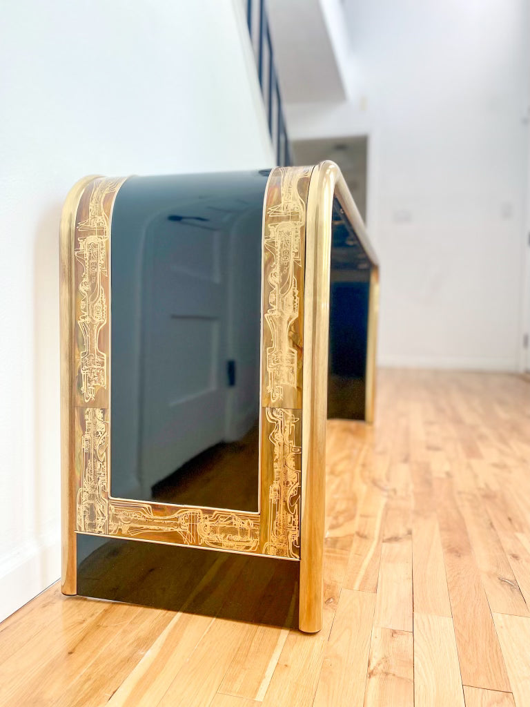 1970s Bernhard Rohne for Mastercraft Acid Etched Brass and Black Lacquer Console Table
