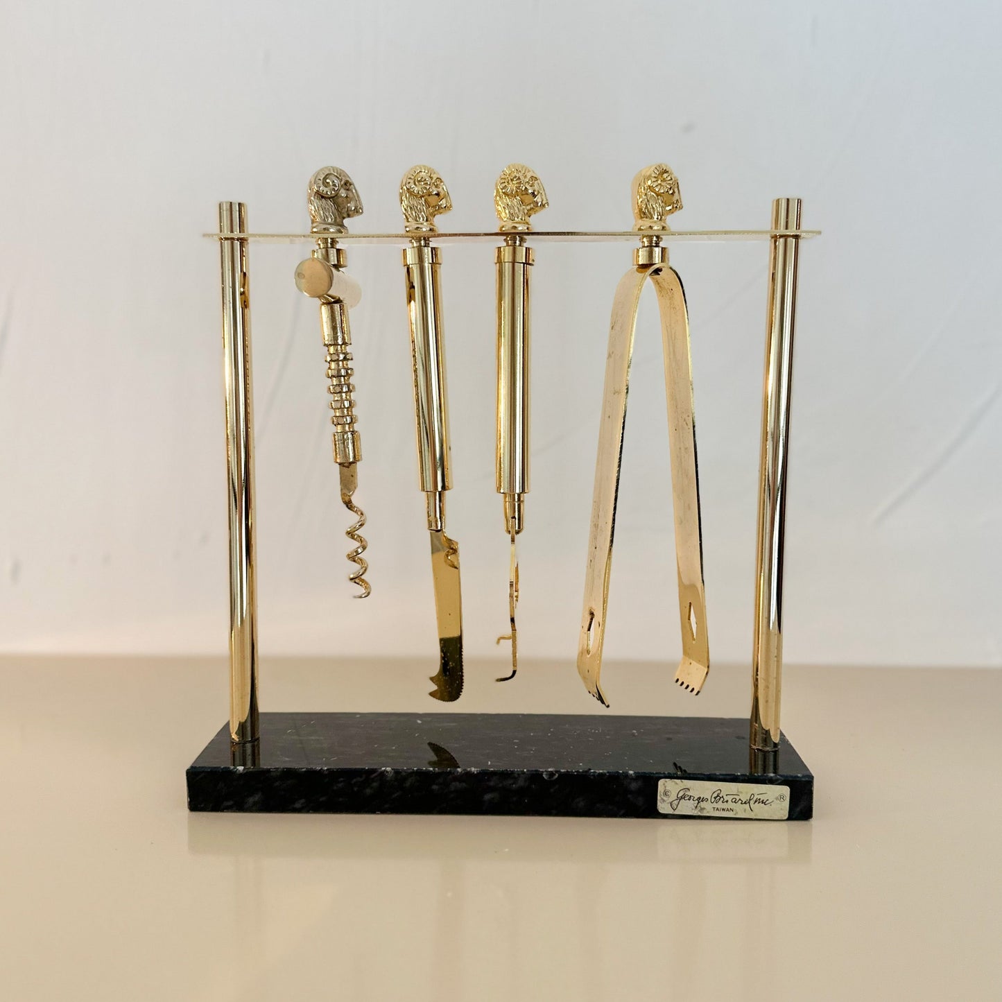1960s MCM Georges Briard Gold Plated Ram Head Bar Tool Set