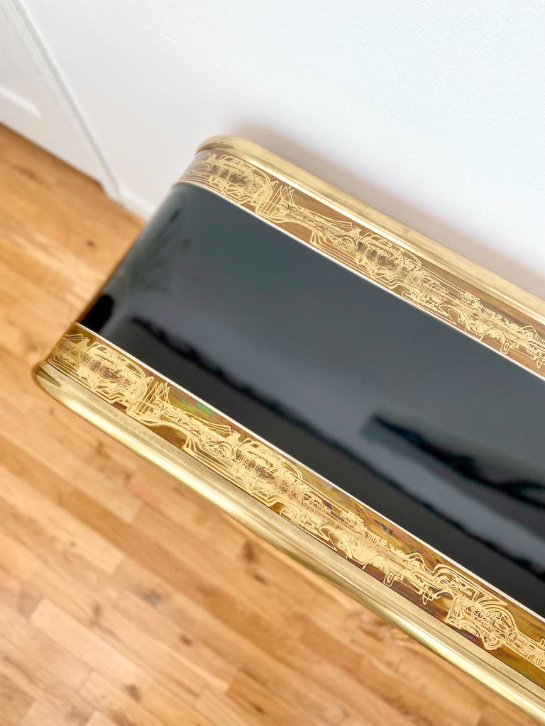 1970s Bernhard Rohne for Mastercraft Acid Etched Brass and Black Lacquer Console Table