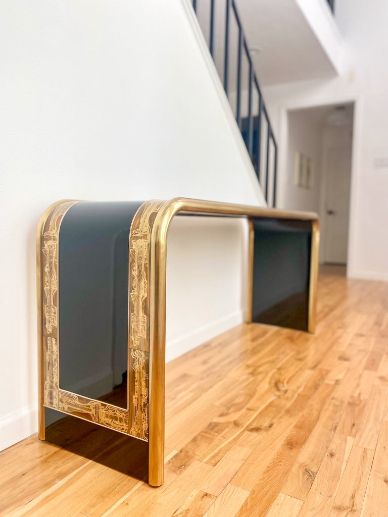 1970s Bernhard Rohne for Mastercraft Acid Etched Brass and Black Lacquer Console Table