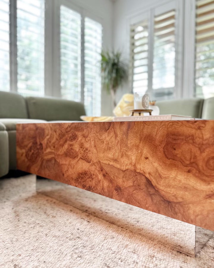 1970's Burlwood Laminate Coffee Table with Mirror Plinth Base