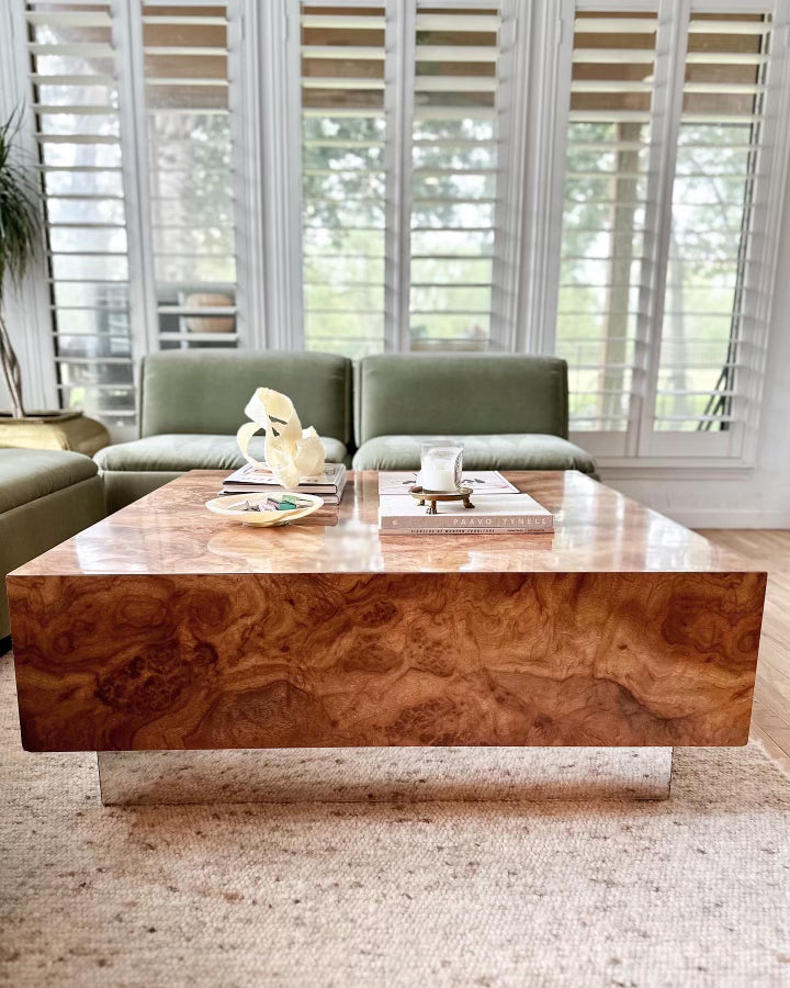 1970's Burlwood Laminate Coffee Table with Mirror Plinth Base