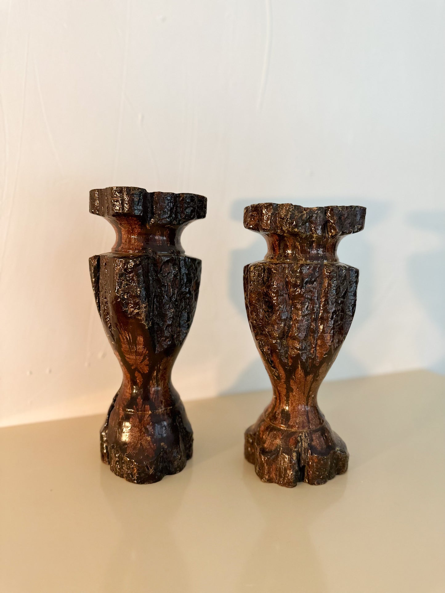 Vintage Chrysanthemum Live Edge Wood Candle Holders - a Pair