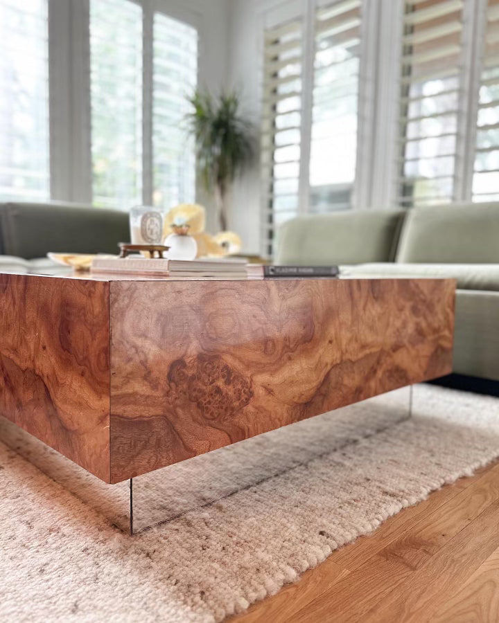 1970's Burlwood Laminate Coffee Table with Mirror Plinth Base