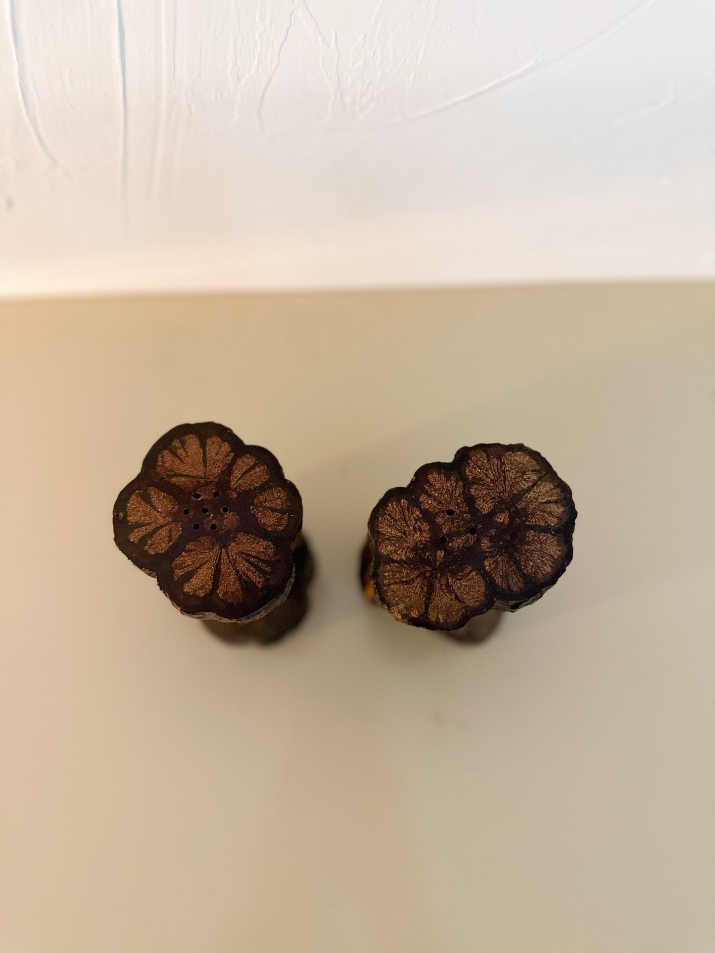 Vintage Chrysanthemum Wood Salt and Pepper Shaker Set