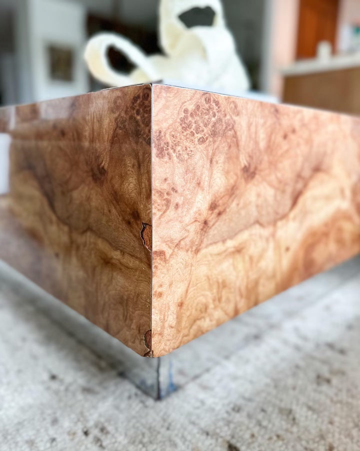 1970's Burlwood Laminate Coffee Table with Mirror Plinth Base