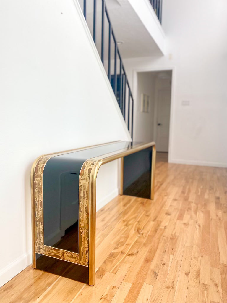 1970s Bernhard Rohne for Mastercraft Acid Etched Brass and Black Lacquer Console Table