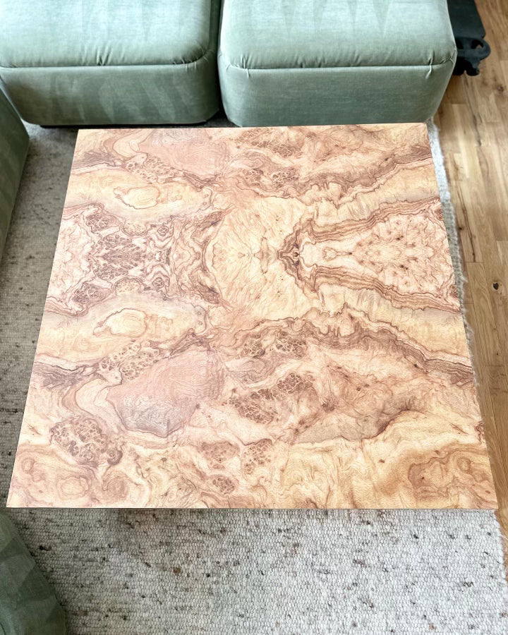 1970's Burlwood Laminate Coffee Table with Mirror Plinth Base
