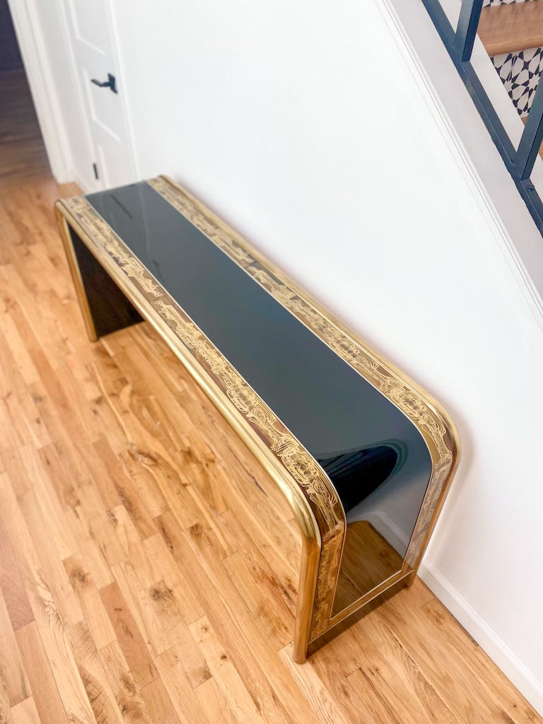 1970s Bernhard Rohne for Mastercraft Acid Etched Brass and Black Lacquer Console Table