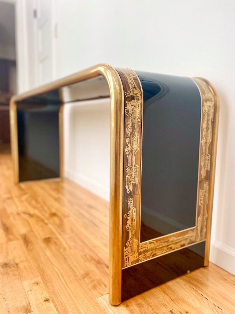 1970s Bernhard Rohne for Mastercraft Acid Etched Brass and Black Lacquer Console Table