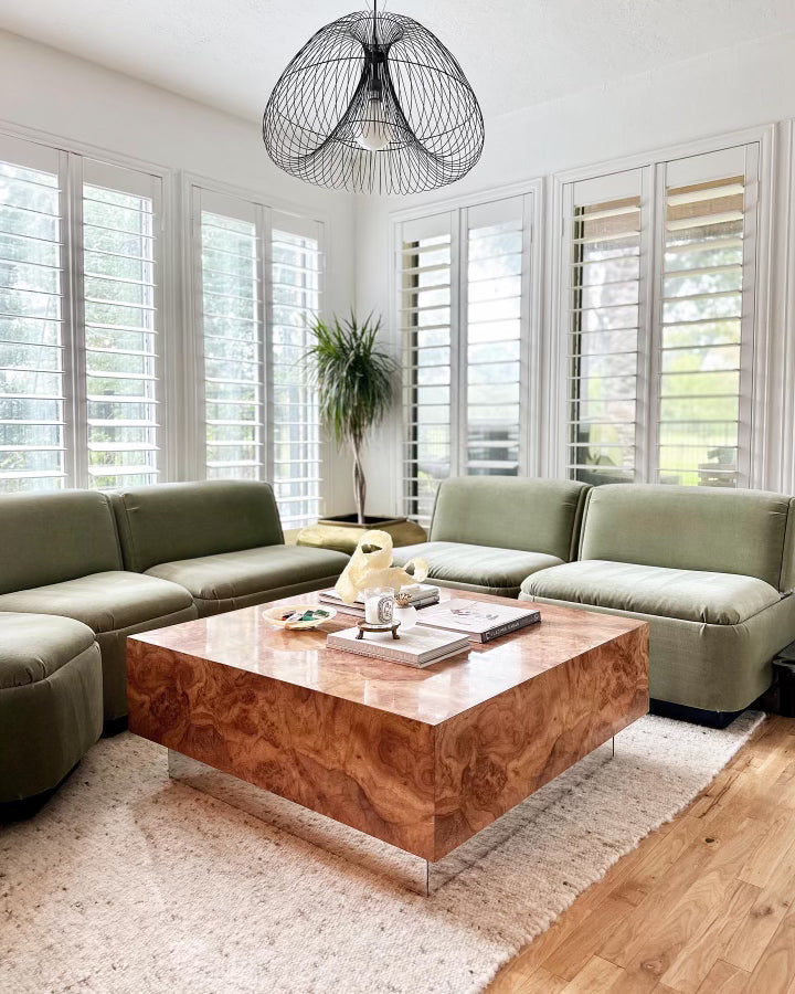 1970's Burlwood Laminate Coffee Table with Mirror Plinth Base