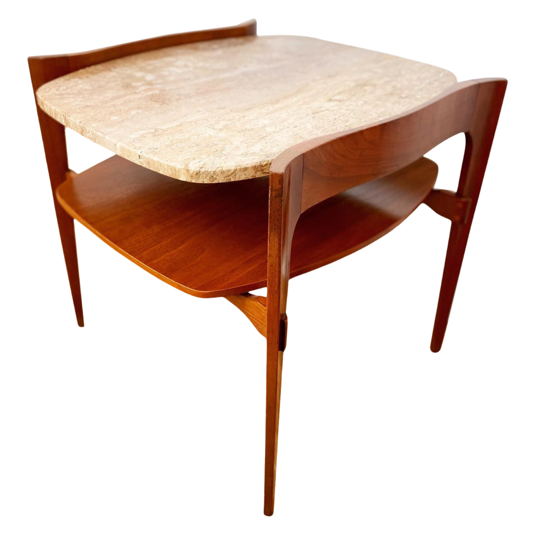 1950s Bertha Schaefer for Singer & Sons Walnut and Travertine Sculptural Side Table