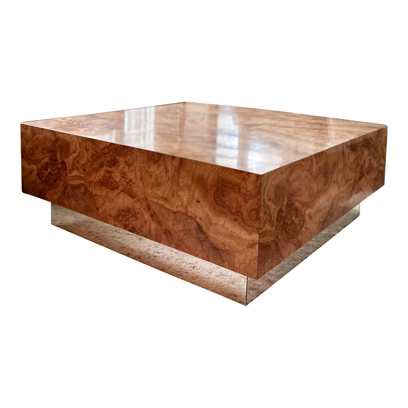 1970's Burlwood Laminate Coffee Table with Mirror Plinth Base