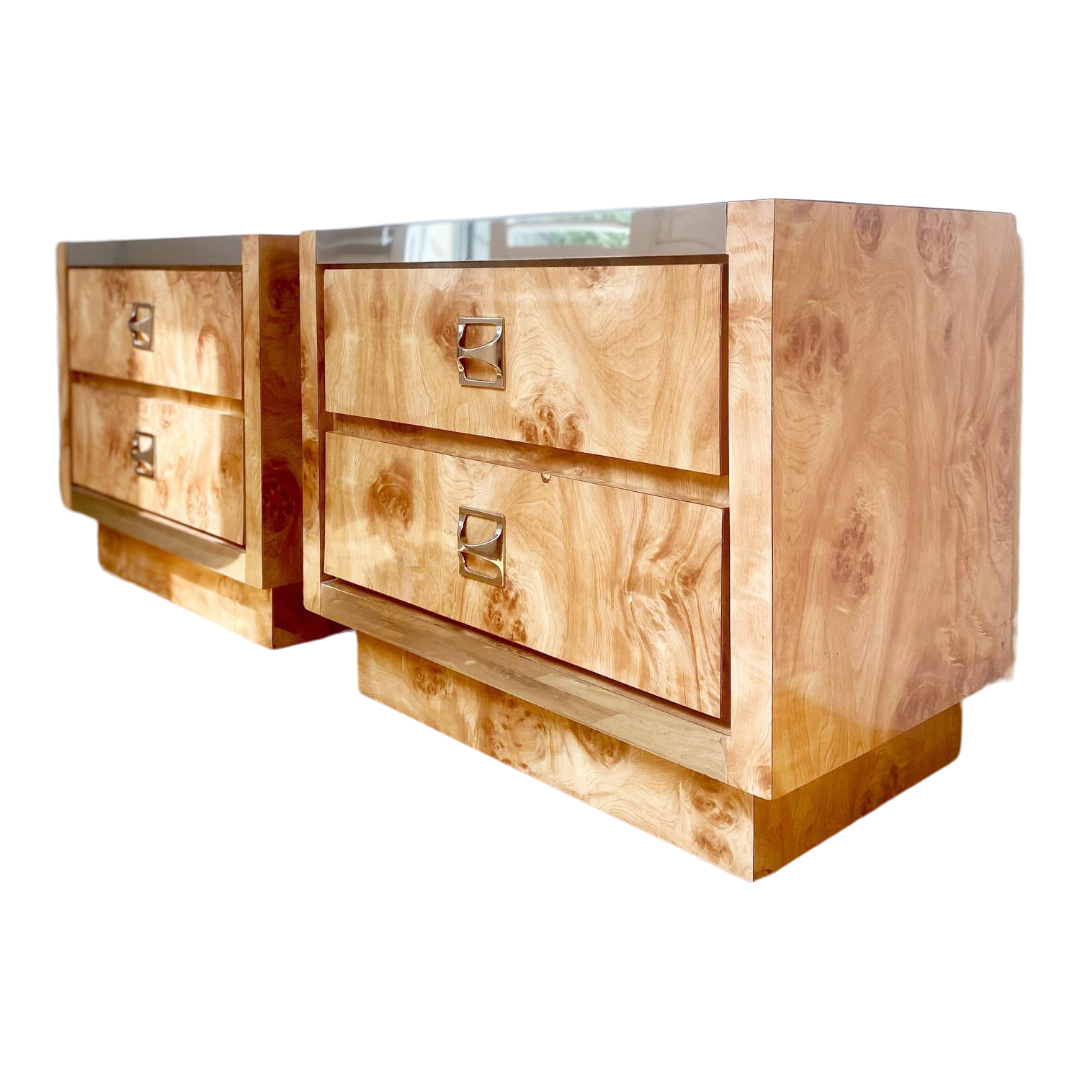 1970s Burl Wood Laminate and Chrome Nightstands - a Pair
