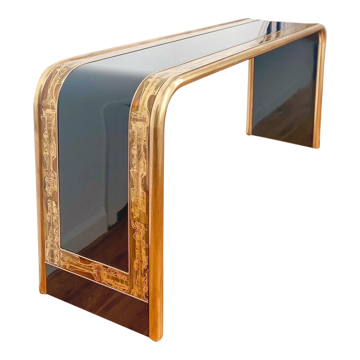 1970s Bernhard Rohne for Mastercraft Acid Etched Brass and Black Lacquer Console Table