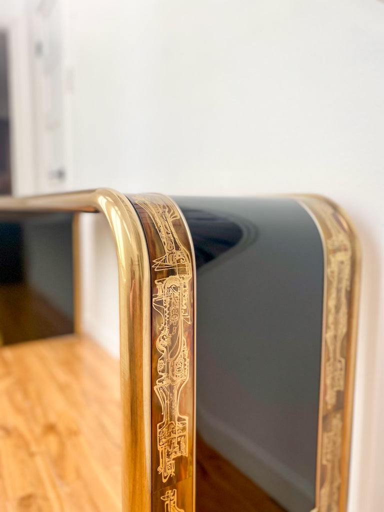 1970s Bernhard Rohne for Mastercraft Acid Etched Brass and Black Lacquer Console Table