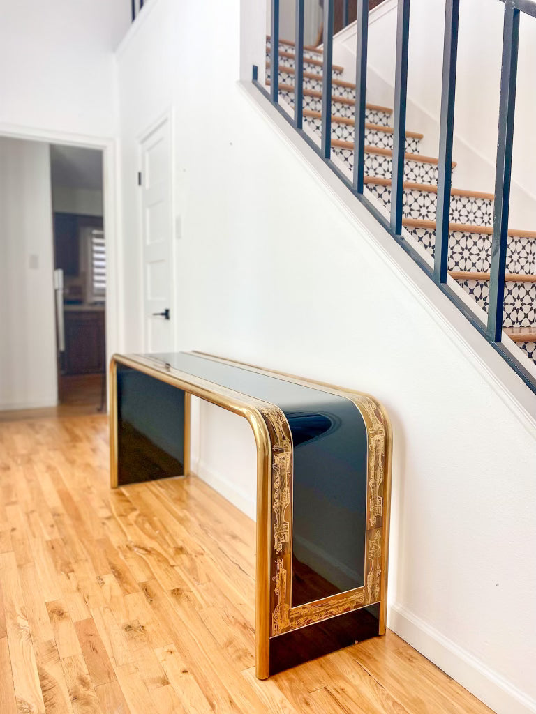 1970s Bernhard Rohne for Mastercraft Acid Etched Brass and Black Lacquer Console Table