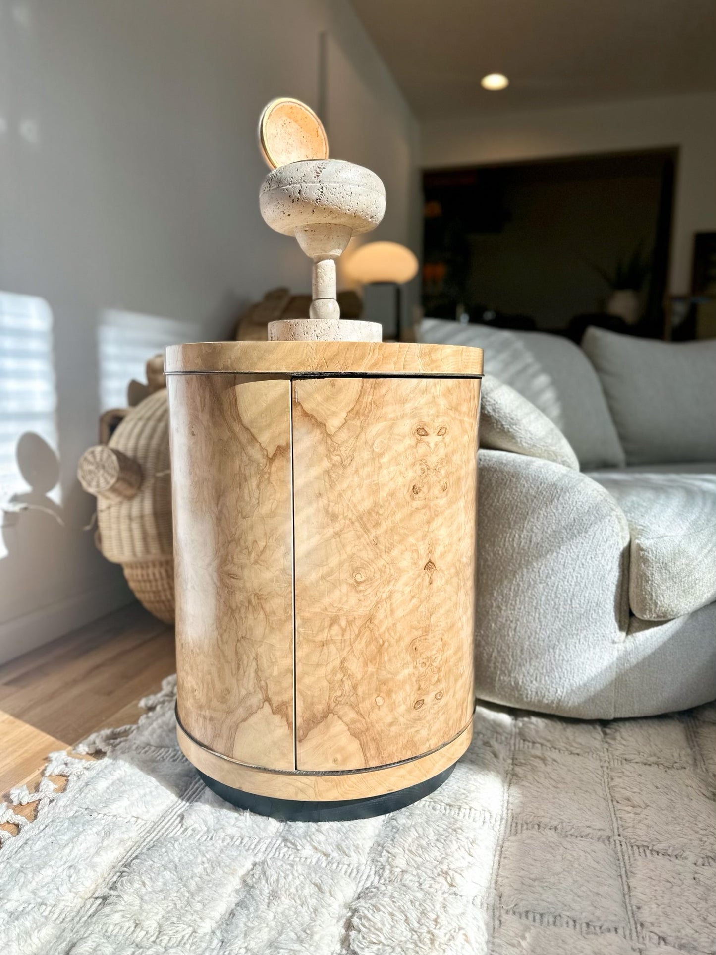 1980s Heneredon 'Scene Two' Burlwood Drum Side Table