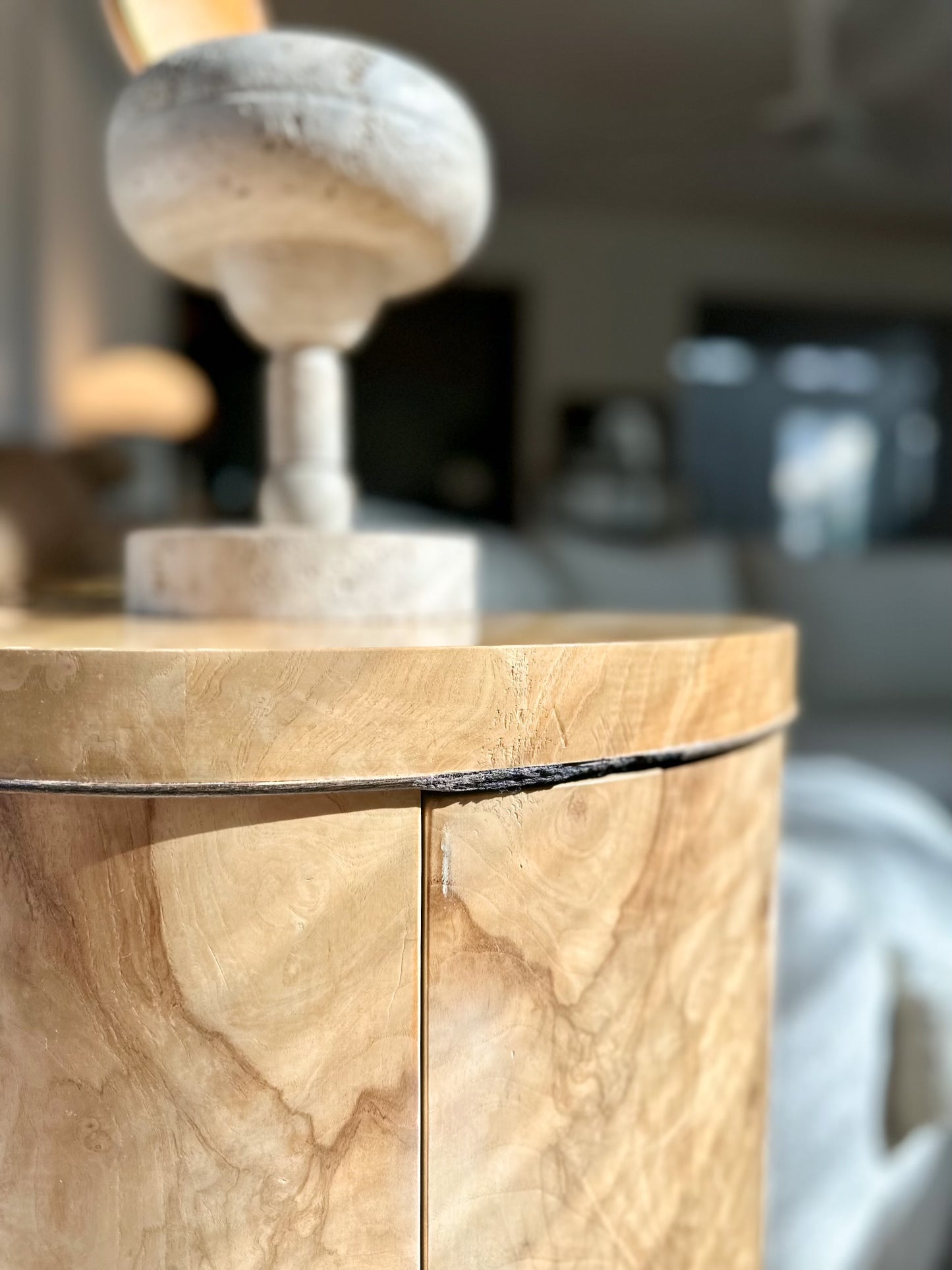 1980s Heneredon 'Scene Two' Burlwood Drum Side Table