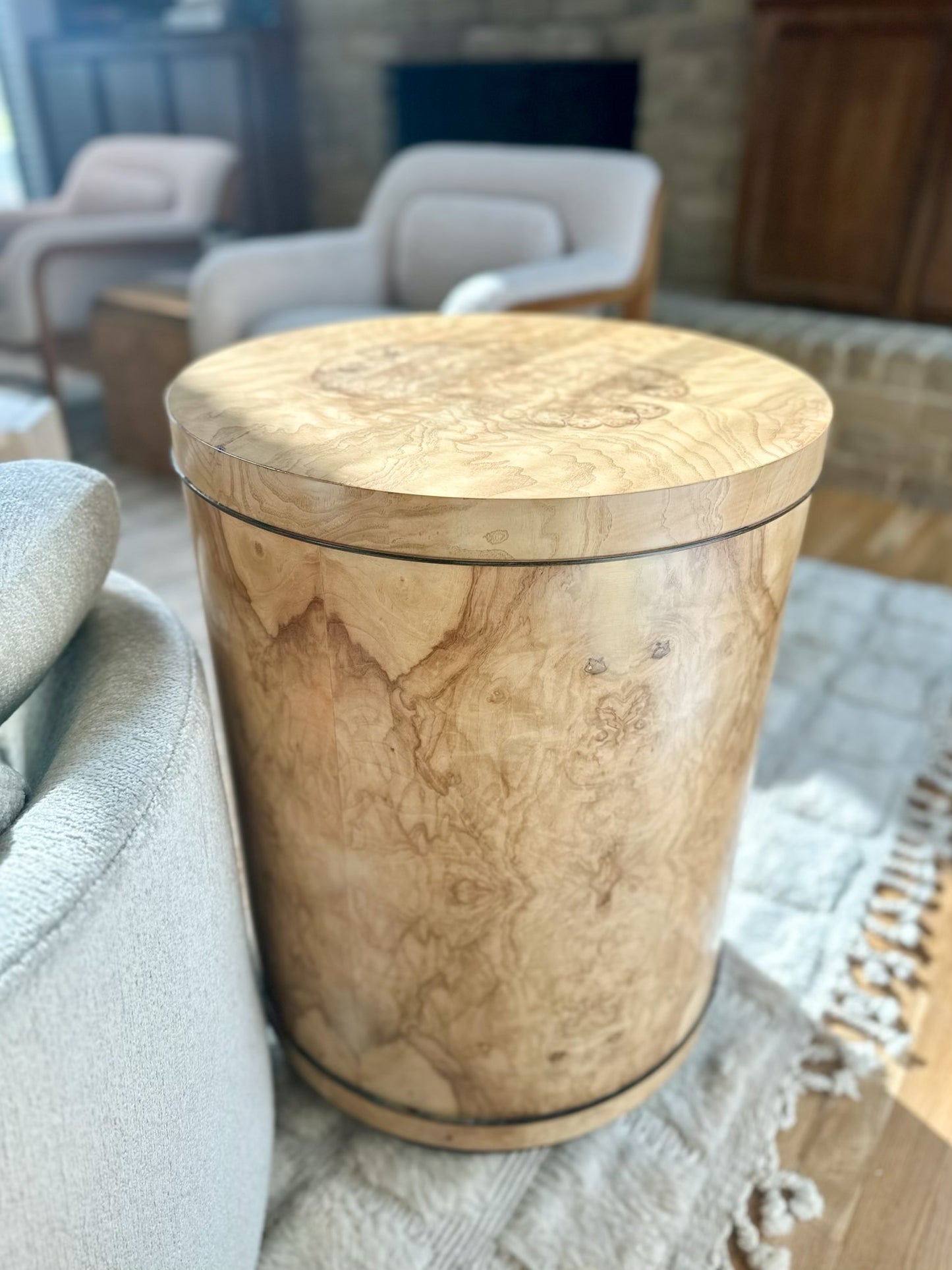 1980s Heneredon 'Scene Two' Burlwood Drum Side Table