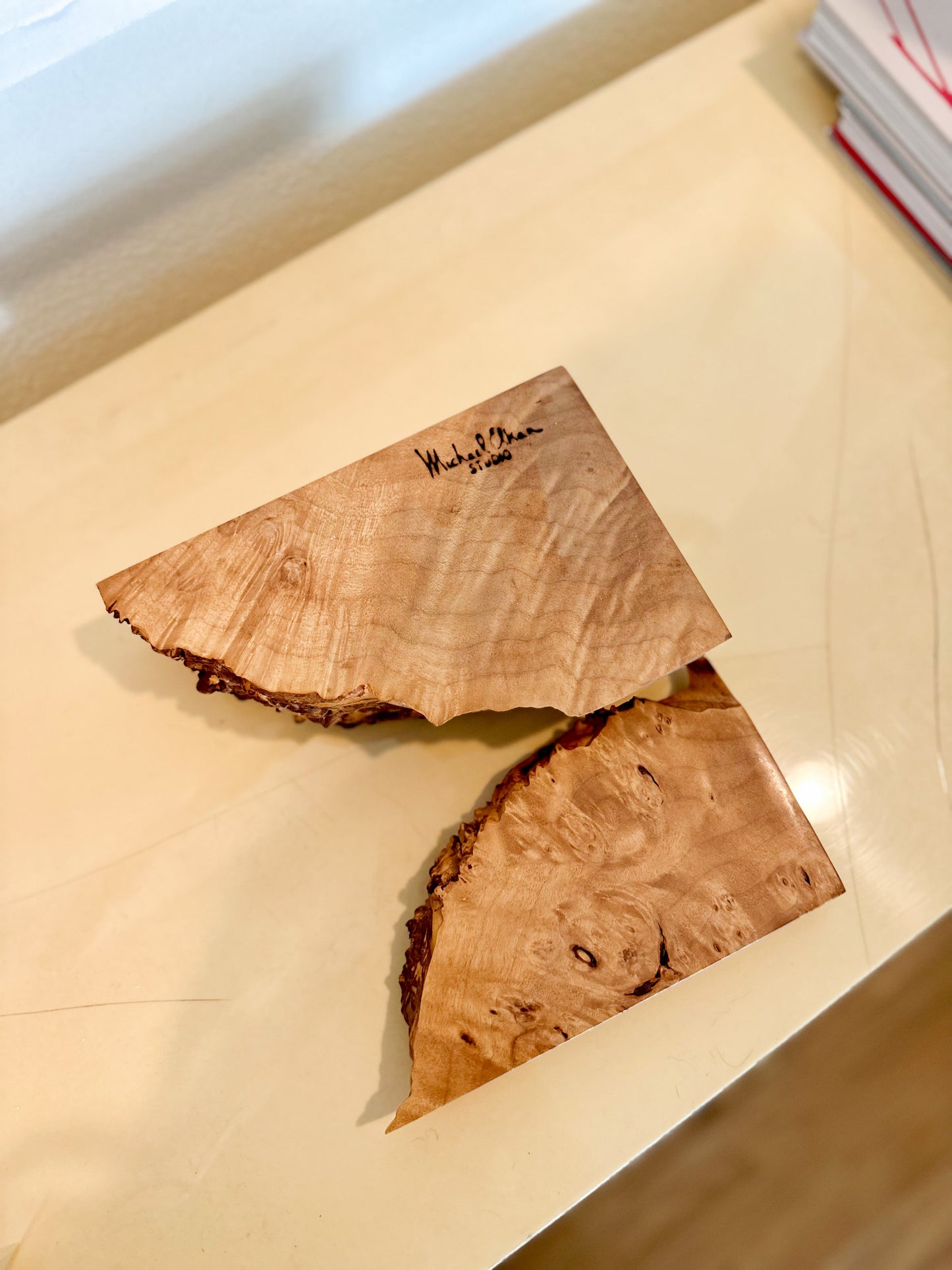 1980s Michael Elkan Studio Signed Birdseye Maple Burlwood Box